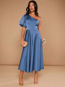 SHEIN Belle Women\ Elegant One-Shoulder Solid Color Party Dress Cocktail Semi Formal Prom Wedding Guest Dress, For Birthday, Graduation, Dinner, Homecoming - Blue - View 4