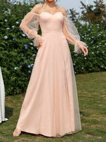 SHEIN Belle Vestido elegante y romántico de color rosa perla con diseño de hombros descubiertos y mangas farol de tela de malla transparente, con abertura alta y fluido, adecuado para actividades entre padres e hijos, temporada de bodas, eventos de bodas, Día de la Madre, festivales de música, baile de graduación, ocasión formal de dama de honor - Naranja Coral - Ver 4