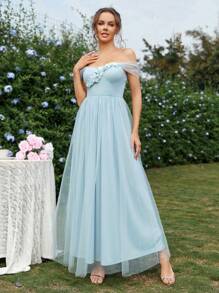 SHEIN Belle Elegante y romántico vestido de línea A con hombros descubiertos y de malla azul, con delicada y pequeña decoración de flores 3D en el pecho delantero, vestido de dama de honor - Azul - Ver 8