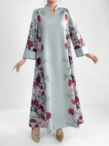 Al Najma Robe longue imprimée pour femme avec manches évasées et col cranté, ornée d'un motif floral, idéale pour le printemps et l'été. Robe longue modeste de style arabe, Robe casual à manches longues