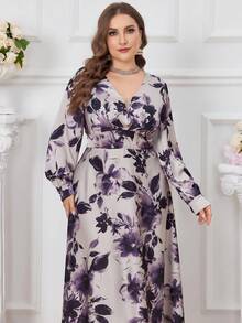 Plus Size Spring Elegant Floral Allover Print Waist Cinched Long Dress - Multicolor - View 5