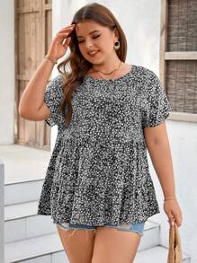 SHEIN LUNE 夏日假期超大碼女性鬆身波西米亞風蝙蝠短袖花卉印花襯衫 - 黑色 - 查看 3