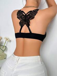 SHEIN 女士背部連接蝴蝶花邊文胸，聚攏和成型杯式前扣 - 黑色 - 查看 7