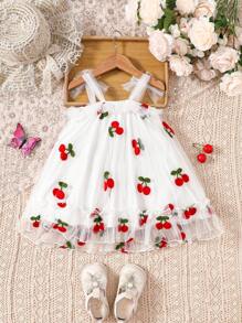 SHEIN Vintaside Kids Baby Girl Cherry Fruit Print Elegant And Cute Baby Mesh Dress With A Large Swing Dress - Multicolor - View 2