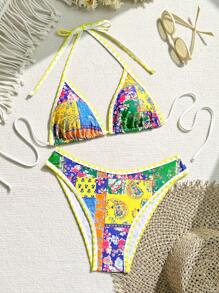 SHEIN Swim Summer Beach Women's Colorful Patchwork Printed Bikini Set - Multicolor - View 3