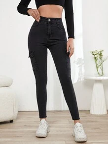 Cottnline 女工裝風格、口袋細節修身牛仔褲 - 深灰色 - 查看 4