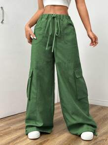 SHEIN EZwear Ladies" Plain Drawstring Waist Wide-Leg Cargo Pants With Loose Fit