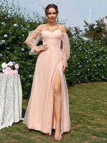 SHEIN Belle Vestido elegante y romántico de color rosa perla con diseño de hombros descubiertos y mangas farol de tela de malla transparente, con abertura alta y fluido, adecuado para actividades entre padres e hijos, temporada de bodas, eventos de bodas, Día de la Madre, festivales de música, baile de graduación, ocasión formal de dama de honor - Naranja Coral - Ver 5