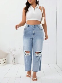 SHEIN Essnce Kích thước lớn Đau khổ Giò thẳng Quần jean Đối với Mùa xuân/Mùa hè - Rửa nhẹ - Xem 4