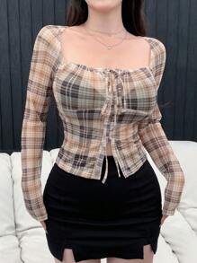 DAZY Women Spring/Summer Square Neck Grid Front Tie Long Sleeve Casual T-Shirt