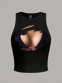 Slaydiva Áo ba lỗ ngắn cổ tròn in họa tiết cơ thể gợi cảm, giản dị dành cho nữ, phù hợp cho mùa hè - màu đen - Xem 3