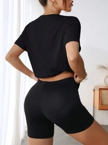INAWLY Damska śliczna koszulka z krótkim rękawem i spodenki rowerowe na lato - Czarne - Zobacz 2