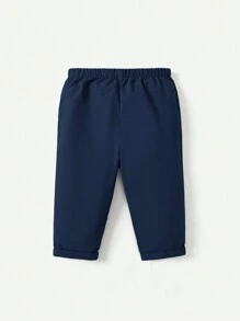 Cozy Pixies Baby Boy Round Neck Colorblock Patch Pocket Short Sleeve Top Plain Long Pants Casual Two-Piece Set - Blue - View 3