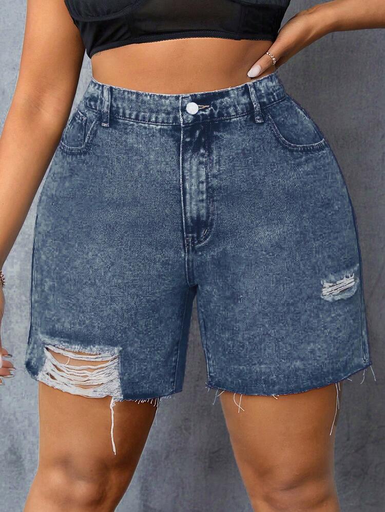 SHEIN SXY Pantalones cortos de mezclilla desgastados con bolsillos para mujeres de talla grande - Azul lavado oscuro - Ver 7