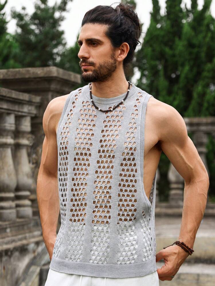 Men's Solid Color Sleeveless Knitted Crochet Sweater With Hollow Out Round Neckline
