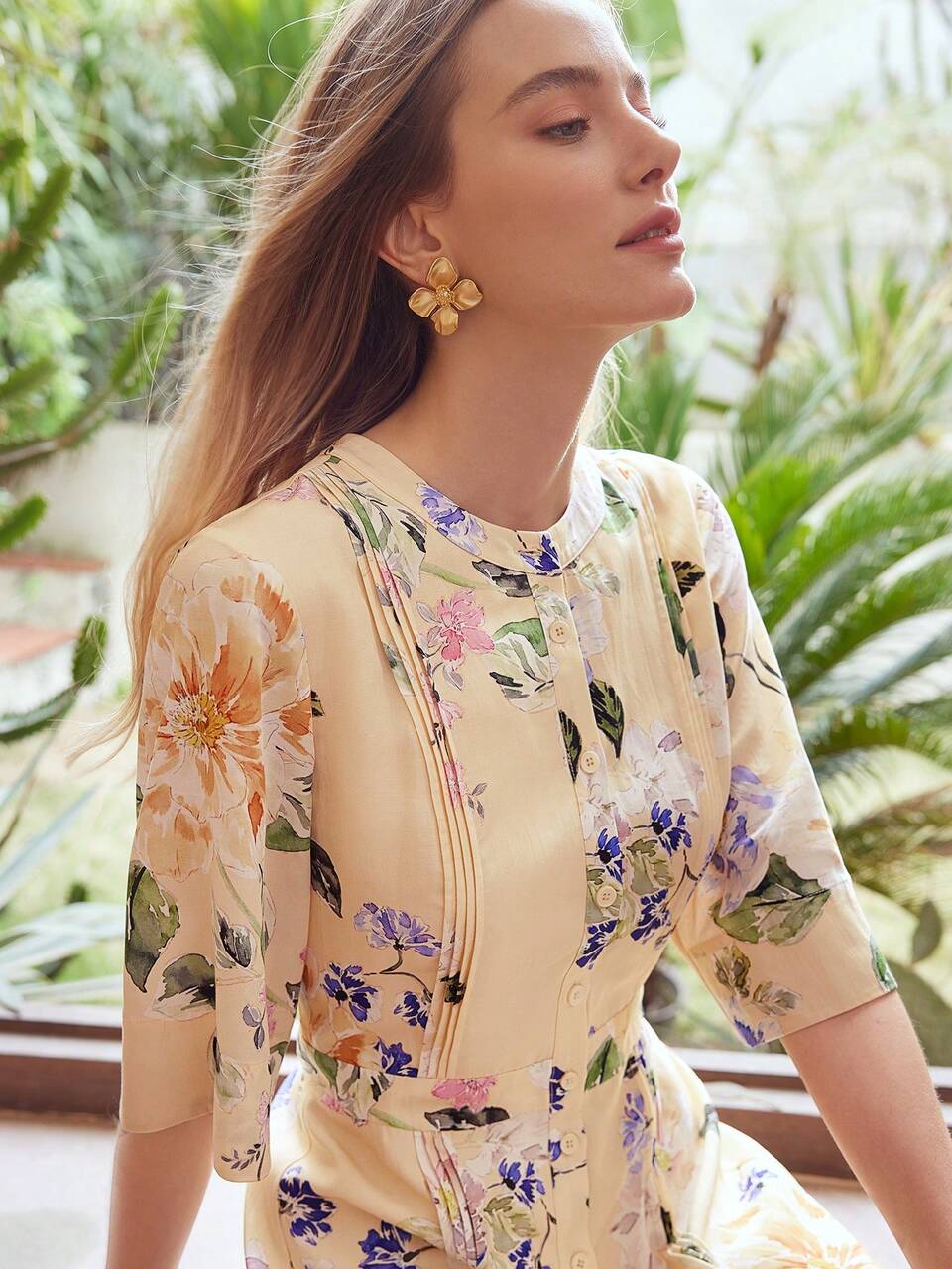 FLORAL PRINT SINGLE BREASTED PLACKET FOLD PLEATED DRESS