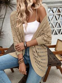 Breezaya Casual Spring Hollow Out Knit Loose Cardigan With Front Open Buttons - Khaki - View 6