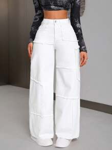 SHEIN PETITE 女士鬆身牛仔褲，配有磨損邊緣設計 - 白色 - 查看 3