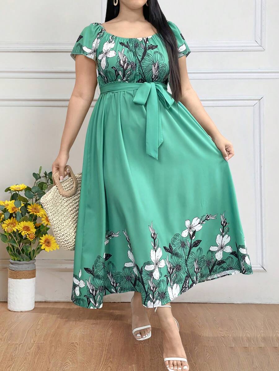 EMERY ROSE Vestido largo de manga corta y cuello redondo con estampado floral para mujer de talla grande, conjunto de ropa para mujer - Verde - Ver 1