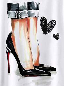 SHEIN LUNE Heart & Heels Print Dolman Sleeve Tee Graphic Tees Women Tops - White - View 3