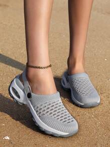 2024新款春夏運動風女拖鞋，厚底、防滑、透氣網眼露腳半拖鞋，適用於戶外，女士水鞋 - 灰色 - 查看 5