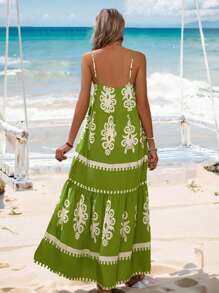 Breezaya Contrast Color Printing Design Halterneck Dress Maxi Vacation Beach Outfits Women - Green - View 2