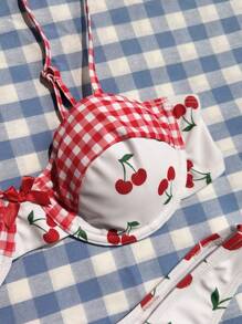 Swim Mod 女士甜美樱桃图案拼布比基尼套装，适合海滩、野餐、度假夏季 - 紅白色 - 查看 3