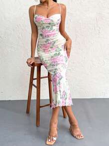SHEIN Privé Women Elegant Mesh Floral Printed Slim Fit Draped Neck Ruched Mermaid Hem Cami Sundress For Holiday