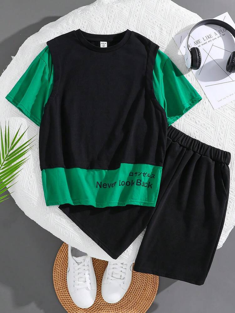 Tween Boys' Loose Fit Casual Round Neck Two-In-One Short Sleeve T-Shirt And Shorts Set With Slogan Print, For Tweens