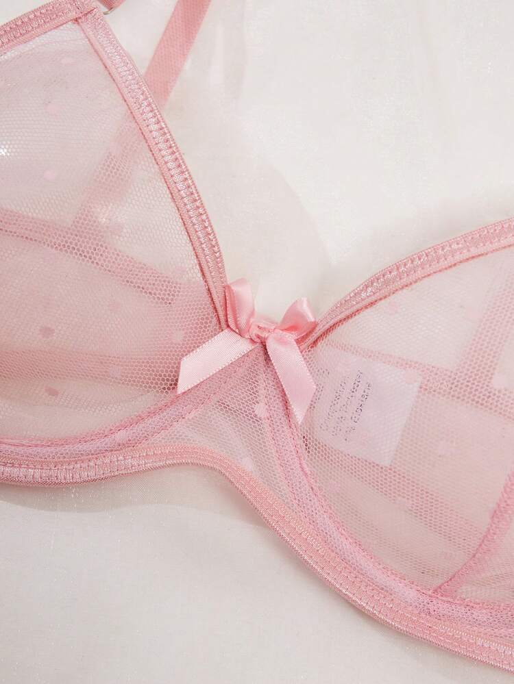 Women Polka Dot Mesh Bow Patched Underwire Bra, Lingerie ,3 Pcs