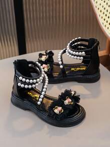 Platte kindersandalen voor meisjes, bloemenprinsesschoenen, parelschoenen voor kleine kinderen, grote kindersandalen met ritssluiting aan de achterkant en dikke platformhoge sandalen