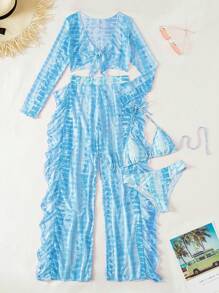 夏季海滩女式扎染吊带比基尼套装，带独立比基尼套装、罩衫、长裤 4 件套服装 - 随机印花 - 藍色 - 查看 3