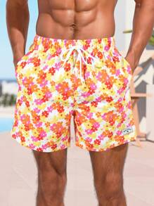 Manfinity KASUA Men Floral Printed Drawstring Waist Summer Holiday Beach Shorts - Orange - View 3