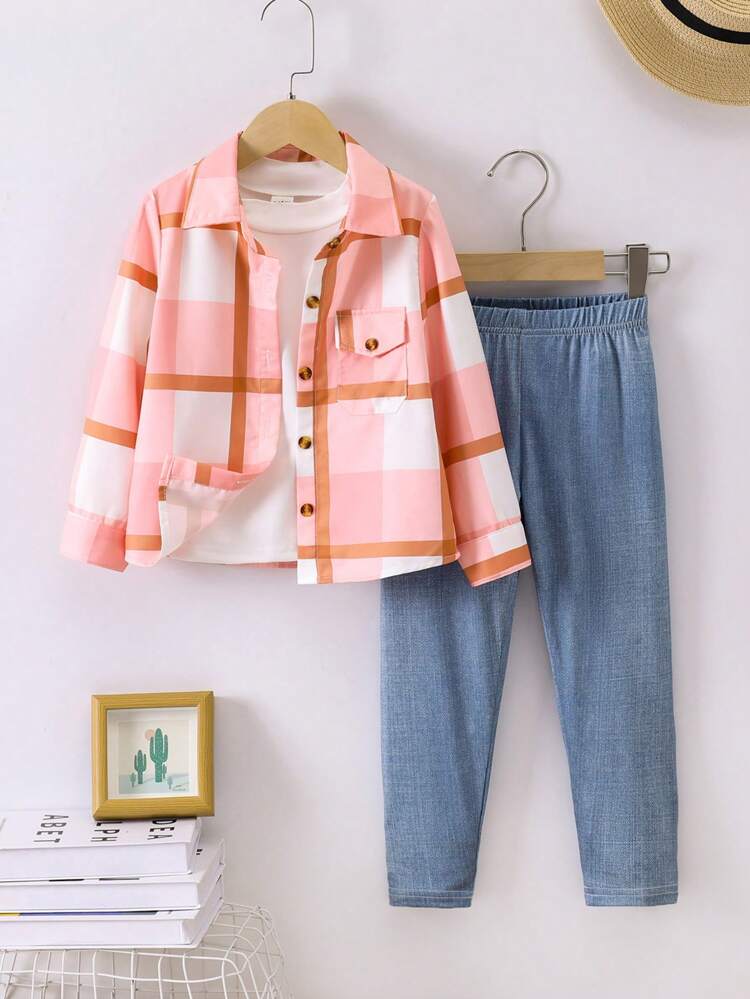 Young Girl Autumn Wear Plaid Printed Patch Pocket Long Sleeve Shirt And Elastic Waistband Jeans Style Printed Pants Casual Two Pieces Set
