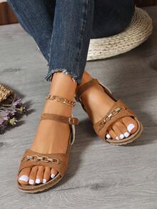 Women Flat Sandals With Chain Detail And Ankle Strap - Camel - View 3