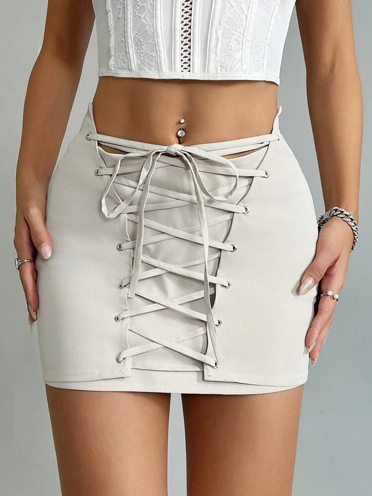 Solid Color Cross Tie Slim Fit Mini Skirt For Summer