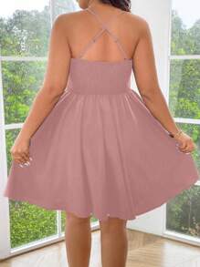 Celure Váy dây đeo spaghetti trang trí thêu hoa dành cho nữ cỡ lớn - Hồng - Xem 2