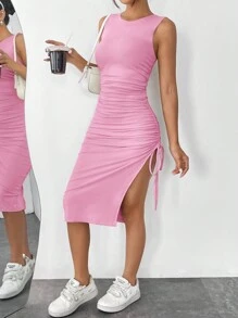 SHEIN EZwear Dệt kim Không tay NỮ Xếp li Bên Viền mép Vòng cổ Váy bodycon - Hồng - Xem 6