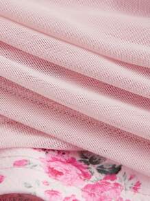 SHEIN MOD 浪漫粉色花卉印花网眼褶饰女式吊带背心 - 粉色 - 查看 4