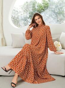 Al Najma 女士春季休闲度假灯笼袖宽松连衣裙，花卉印花，荷叶边下摆和小花印花，端庄 - 棕色 - 查看 4