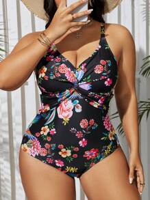 Swim Lushoire 大尺碼夏季海灘花卉印花扭結前扣連體泳衣 - 彩色 - 查看 3