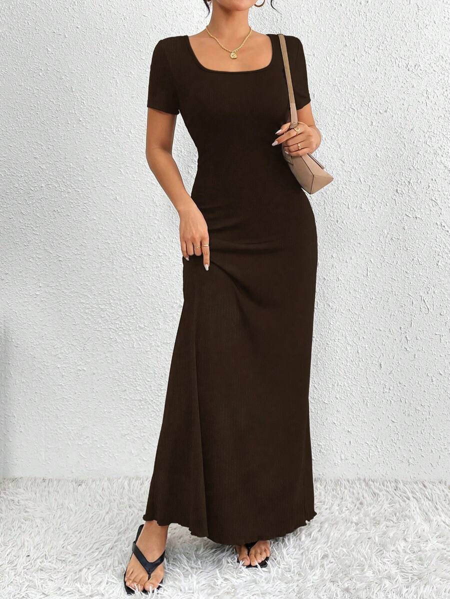 SHEIN Clasi Đầm Maxi dài tay ngắn cổ vuông màu trơn thanh lịch cho nữ - Màu nâu  Mocha - Xem 1