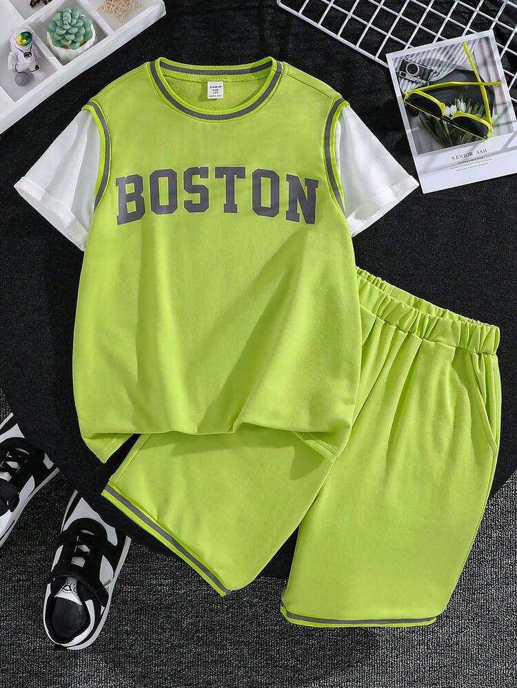 Tween Boys' Loose Sports Crew Neck Letter Pattern Two-In-One Short-Sleeved T-Shirt And Shorts Two-Piece Set