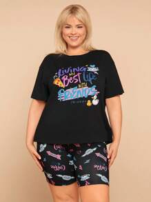 FRIENDS X SHEIN Plus Size 2Pcs Black Slogan Graphic T-Shirt & Tight Pants Set - Black - View 2