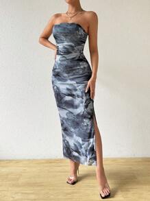 Chiquease Đầm bodycon xếp ly in hoa mùa hè cho nữ - Xám - Xem 4