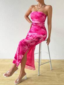 Breezaya 夏季休闲优雅花卉印花鱼尾下摆露肩连衣裙长款女装 - 玫紅色 - 查看 6