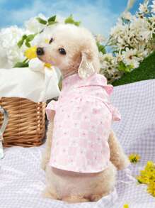 PETSIN Áo Sơ Mi Ca Rô Trắng Hồng Họa Tiết Hoa Xinh Xắn - Hồng - Xem 4
