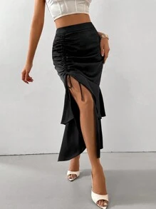 SHEIN Privé Ladies" Elegant Skirt With Pleated Design, Double-Layered Hem And Front Side Slit - Black - View 1