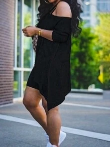 SHEIN Slayr 大尺碼女士時尚純色不對稱領口上衣和短褲套裝 - 黑色 - 查看 4