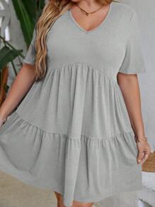 EMERY ROSE Đầm ngắn tay màu trơn thời trang cỡ lớn dành cho nữ - Xám - Xem 4